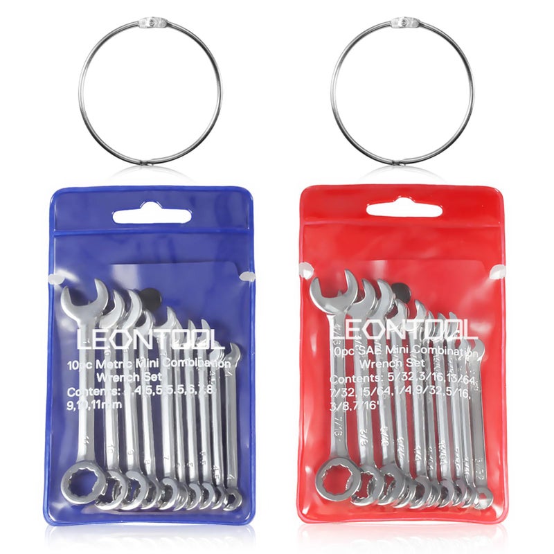 LEONTOOL Small Wrench Set Metric And SAE 20 Pcs Mini Wrenches Open End Box End Wrench Set with Key Rings, Metric 4-11mm And SAE 5/32 To 7/16 Inch, Ignition Wrenches Labor Day Gifts Tool Gift for Men - Image 1